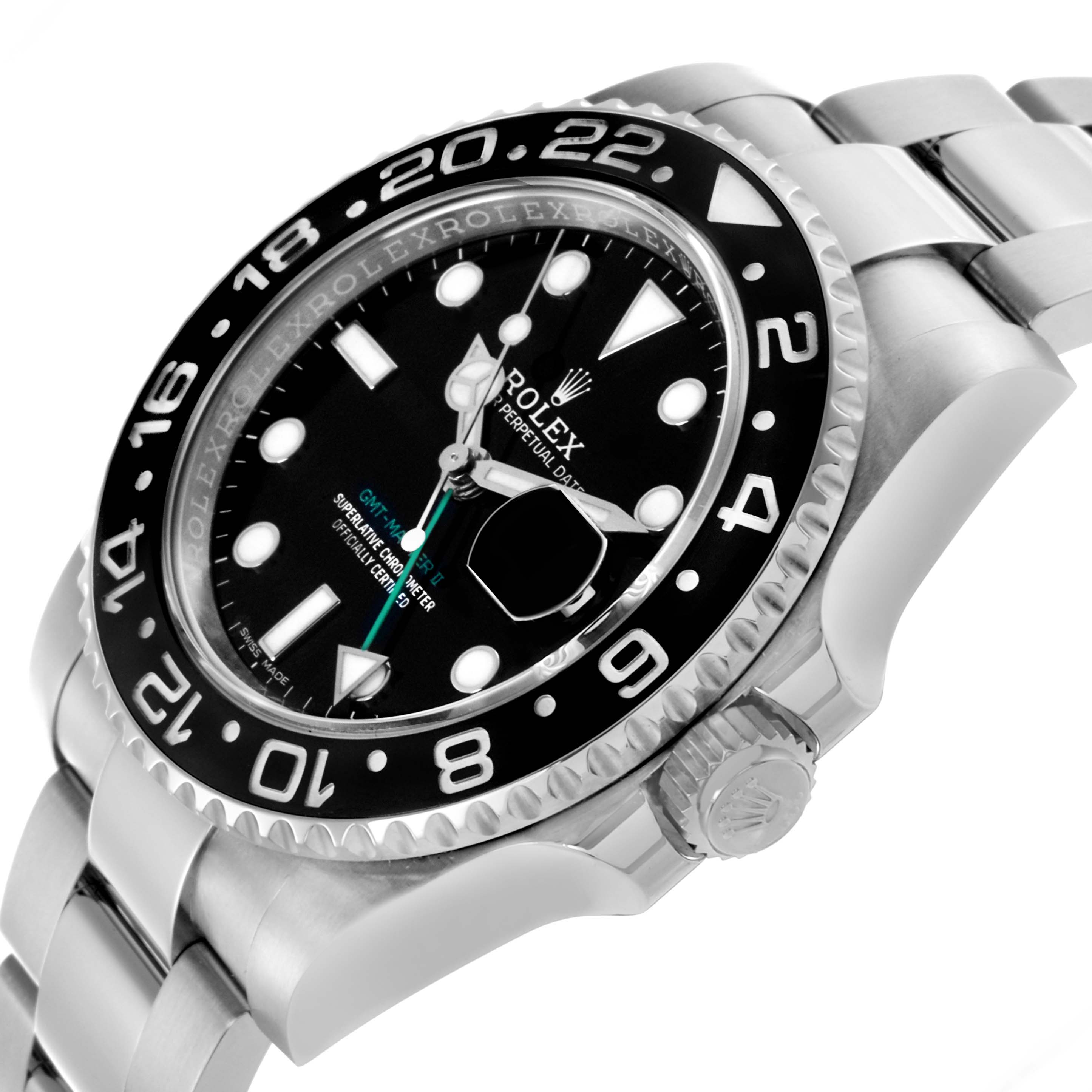 The Rolex GMT-Master 116710LN Men's Stainless Steel Black Dial 116710LN Men's Stainless Steel Black Dial watch is shown at a side angle, highlighting the bezel, dial, crown, and bracelet.