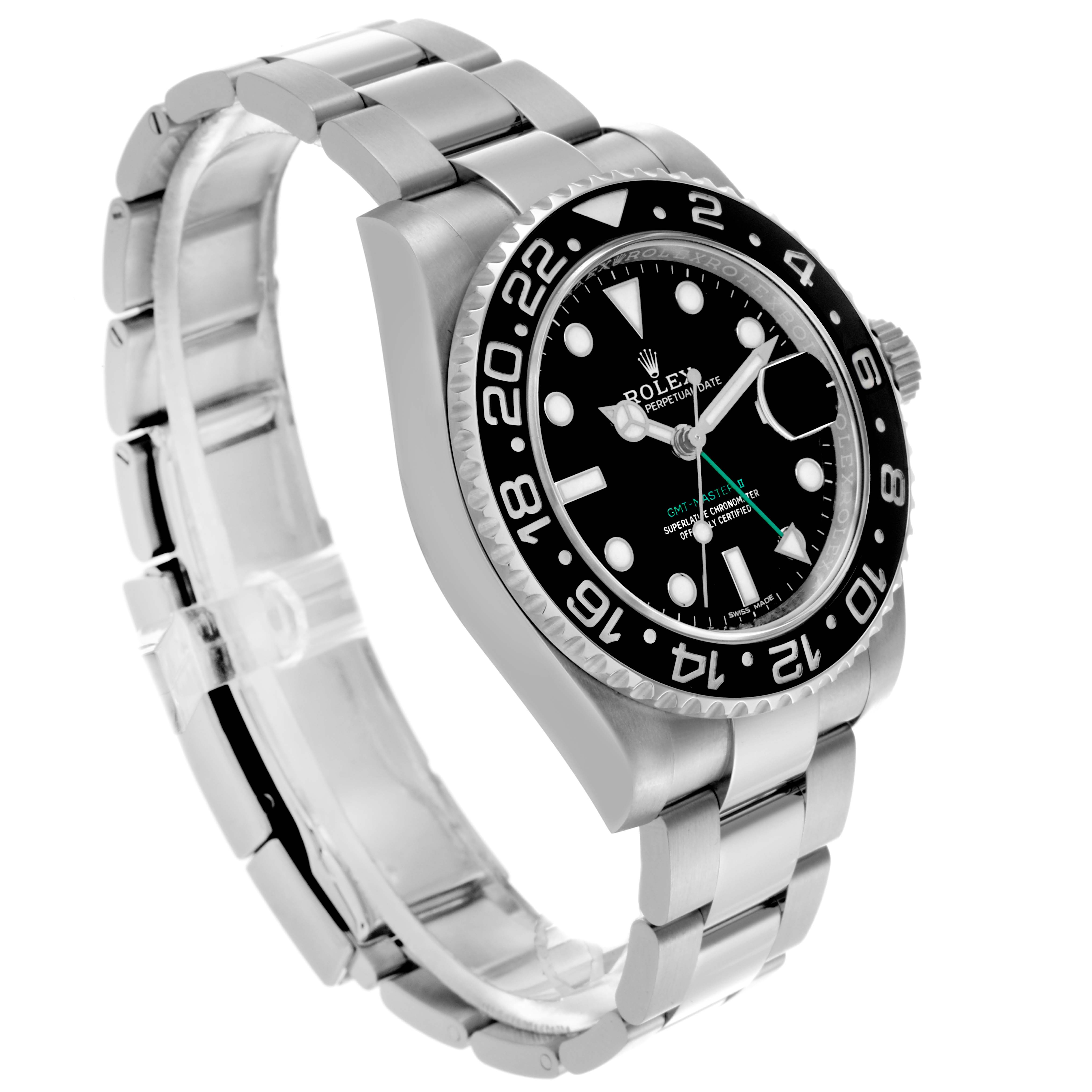 The Rolex GMT-Master 116710LN Men's Stainless Steel Black Dial 116710LN Men's Stainless Steel Black Dial watch is shown at a three-quarter angle, displaying the bracelet, bezel, dial, and crown.