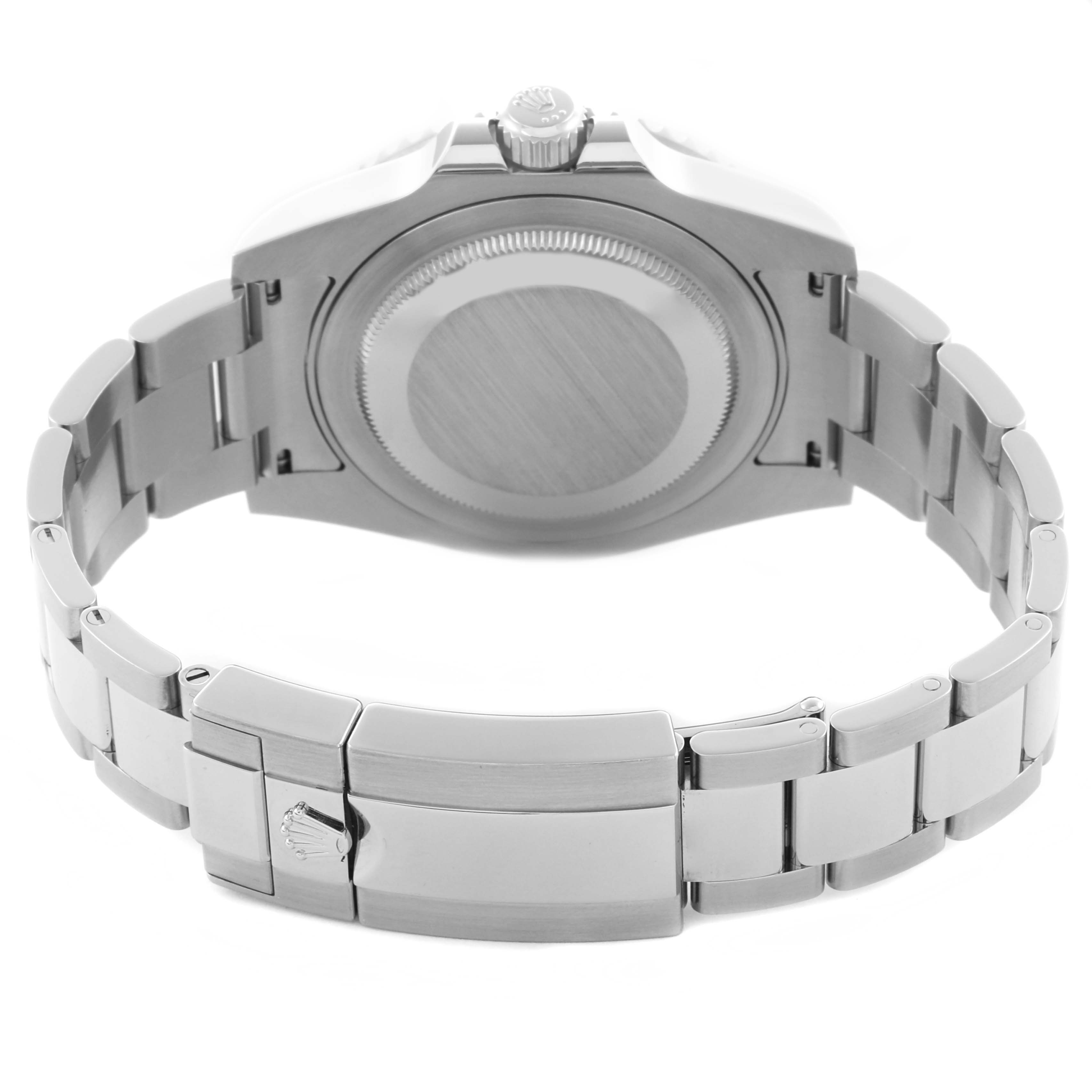 The image shows the back of a Rolex GMT-Master 116710LN Men's Stainless Steel Black Dial 116710LN Men's Stainless Steel Black Dial watch, highlighting the case back and stainless steel bracelet with clasp.