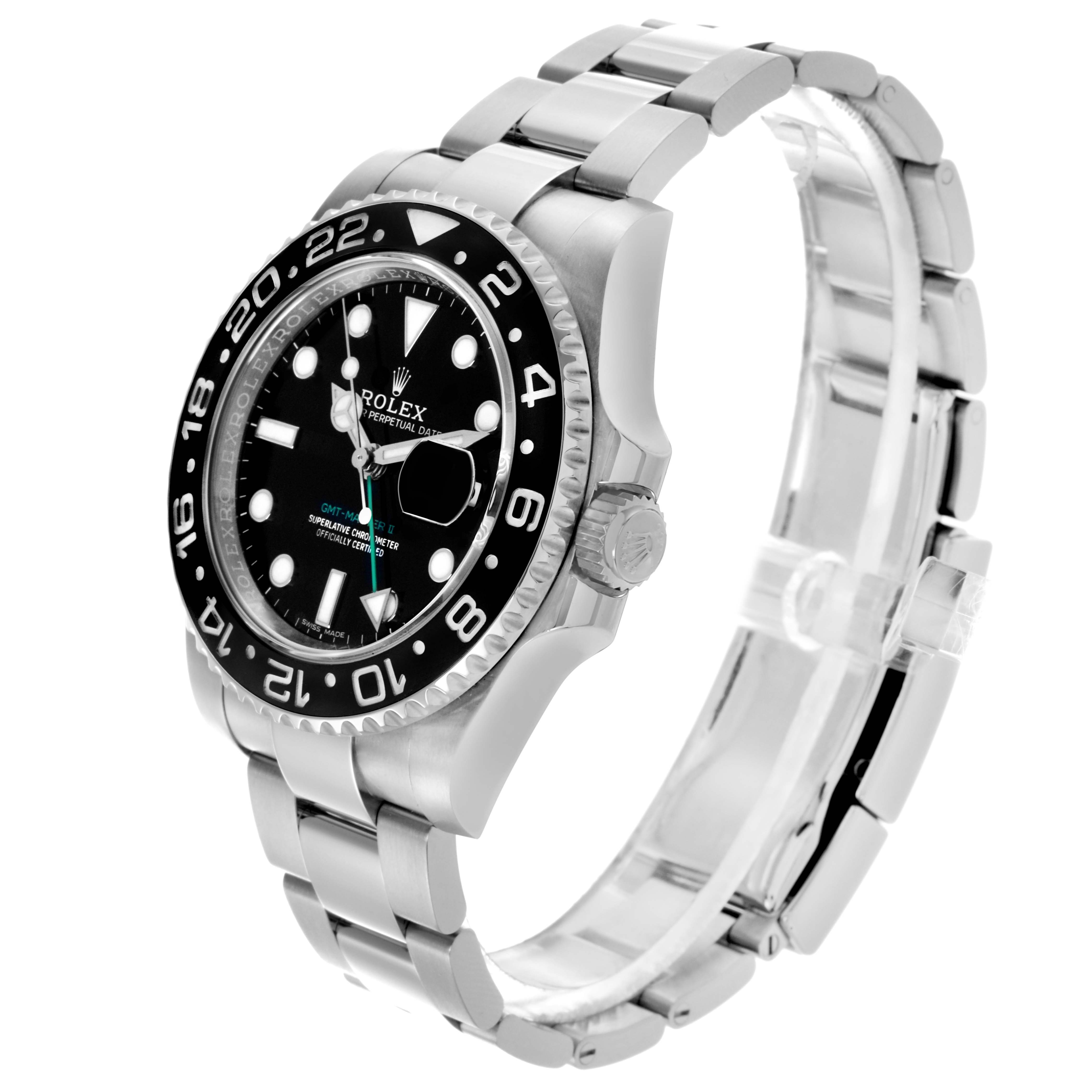 The Rolex GMT-Master 116710LN Men's Stainless Steel Black Dial 116710LN Men's Stainless Steel Black Dial watch is shown at a three-quarter angle, displaying the face, bezel, crown, and bracelet.