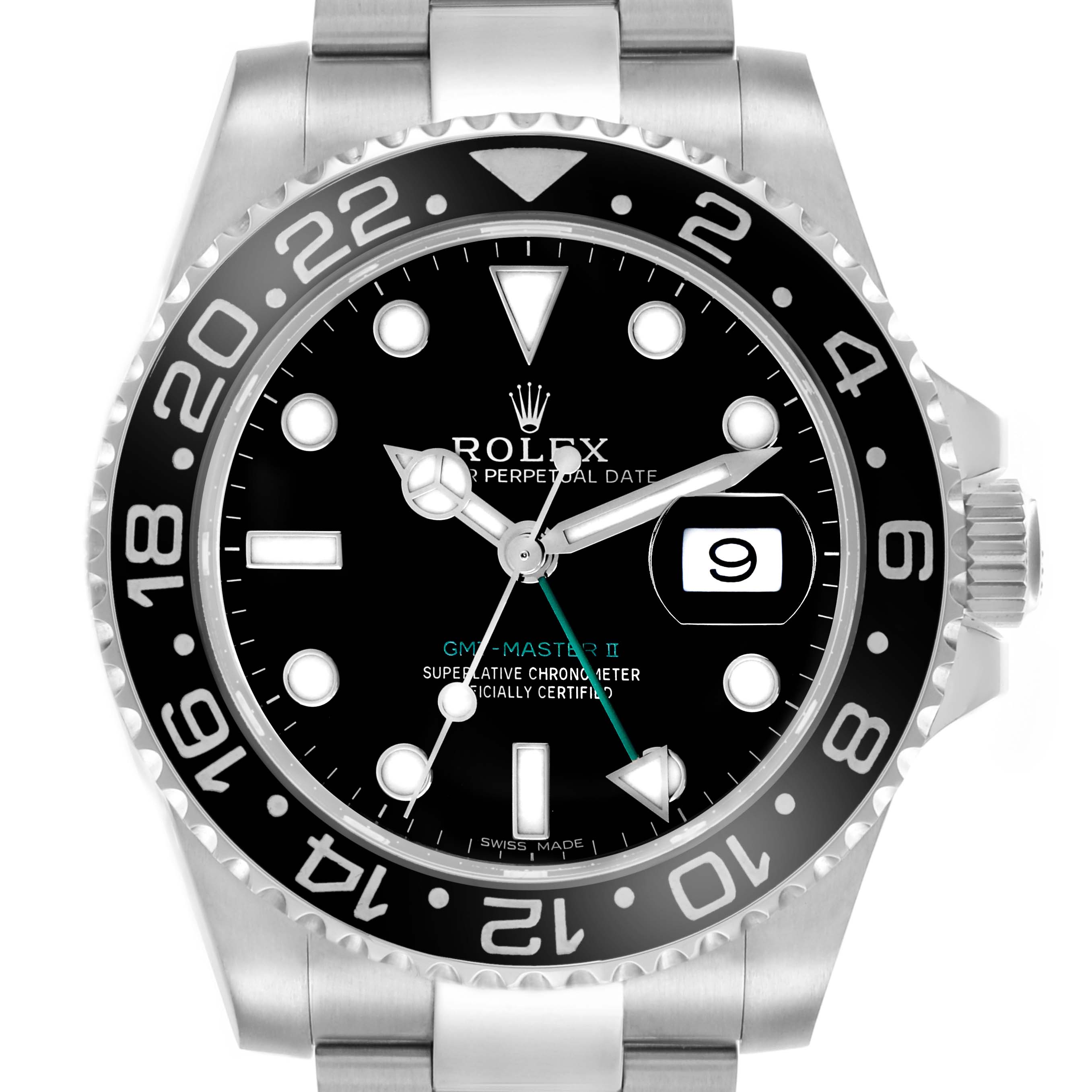 The Rolex GMT-Master 116710LN Men's Stainless Steel Black Dial 116710LN Men's Stainless Steel Black Dial model is shown from the front, highlighting the bezel, dial, hands, and date window.