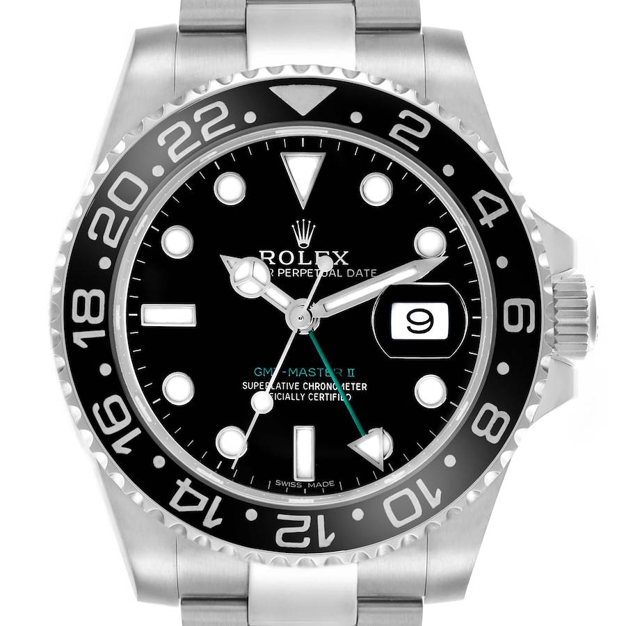 The Rolex GMT-Master 116710LN Men's Stainless Steel Black Dial 116710LN Men's Stainless Steel Black Dial model is shown from the front, highlighting the bezel, dial, hands, and date window.