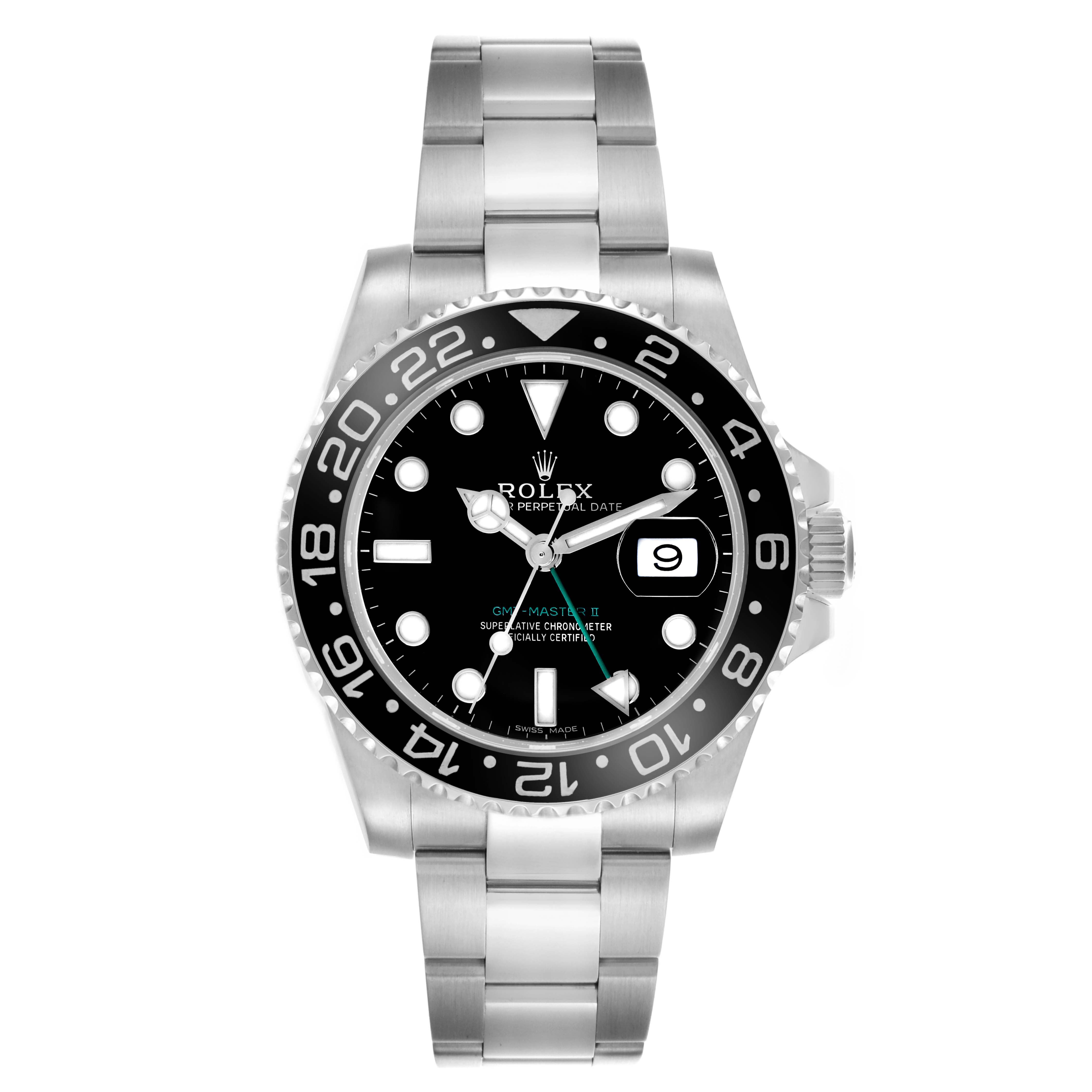 The image shows a front view of the Rolex GMT-Master 116710LN Men's Stainless Steel Black Dial 116710LN Men's Stainless Steel Black Dial II watch, highlighting the dial, bezel, bracelet, and case.