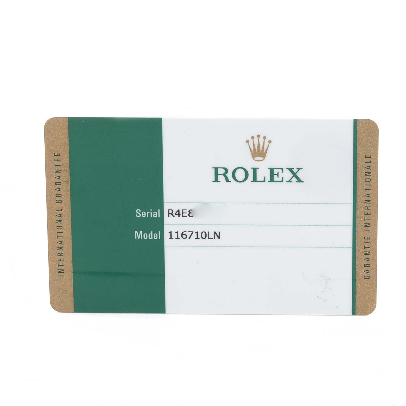 The image shows the guarantee card for a Rolex GMT-Master 116710LN Men's Stainless Steel Black Dial 116710LN Men's Stainless Steel Black Dial model 116710LN with serial and model numbers visible.