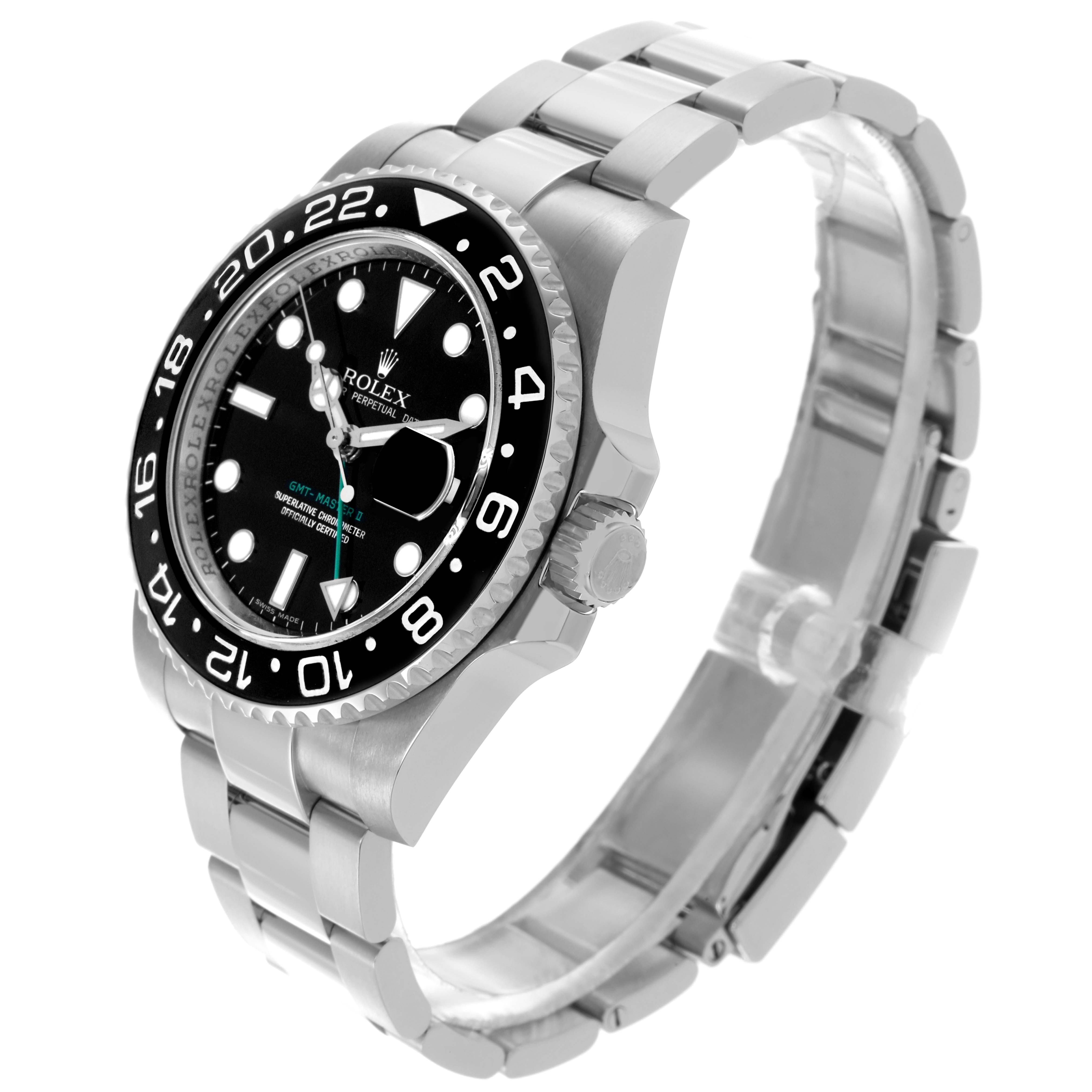 The Rolex GMT-Master 116710LN Men's Stainless Steel Black Dial 116710LN Men's Stainless Steel Black Dial is shown at a three-quarter angle, highlighting the bezel, dial, crown, and bracelet.