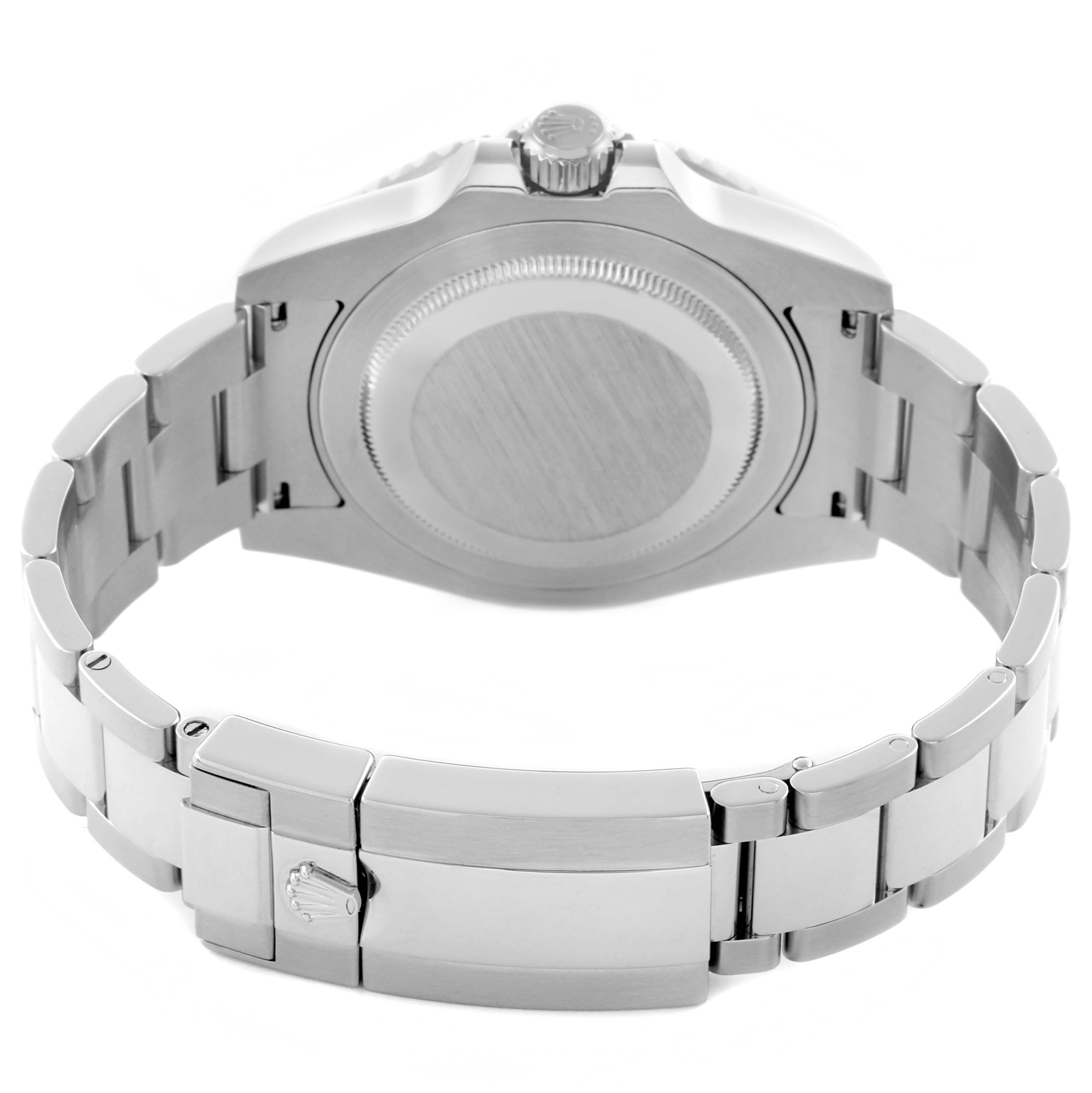 The image shows a rear view of a Rolex GMT-Master 116710LN Men's Stainless Steel Black Dial 116710LN Men's Stainless Steel Black Dial with the case back and bracelet prominently displayed.