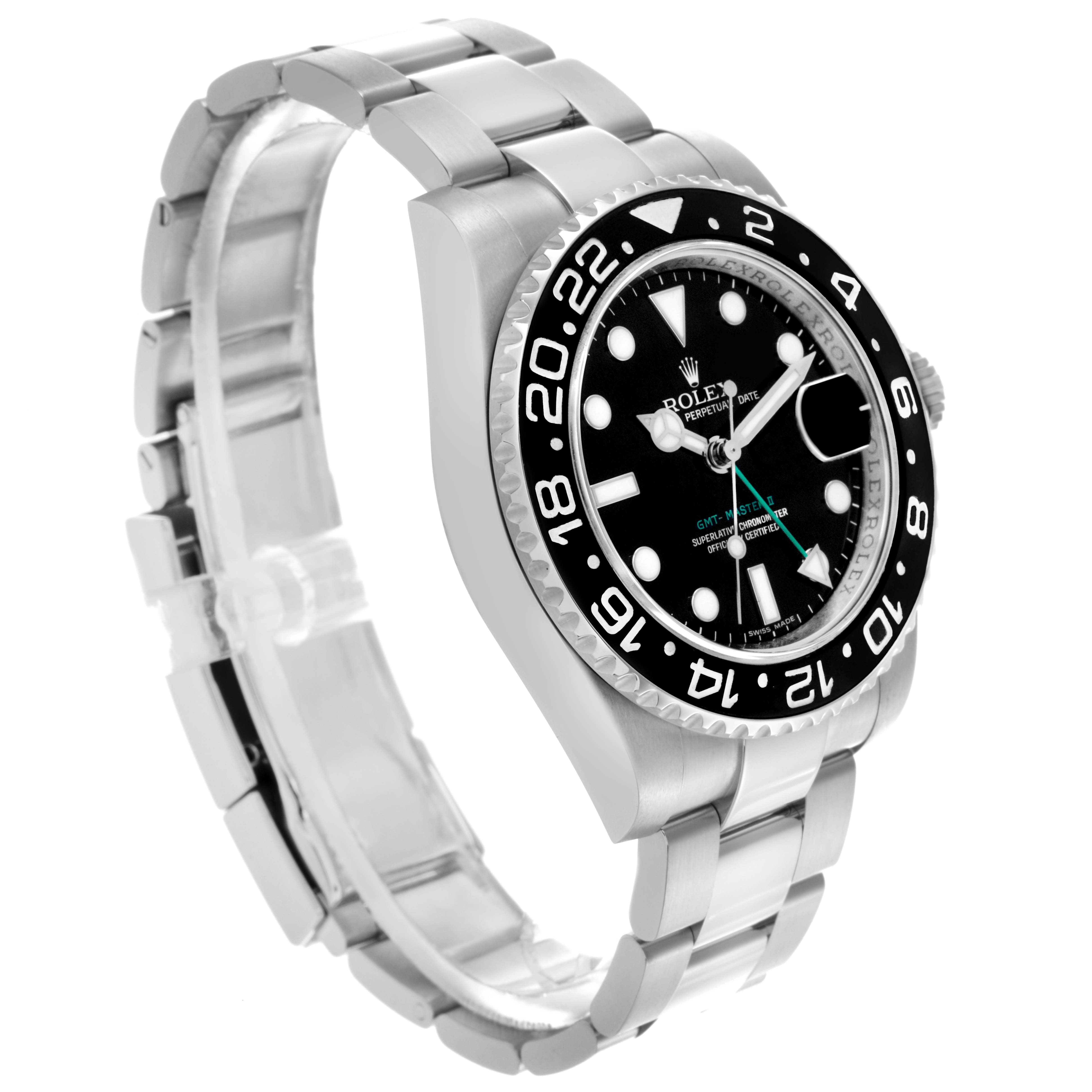 The image shows a side angle of the Rolex GMT-Master 116710LN Men's Stainless Steel Black Dial 116710LN Men's Stainless Steel Black Dial watch, highlighting the bezel, dial, and bracelet.
