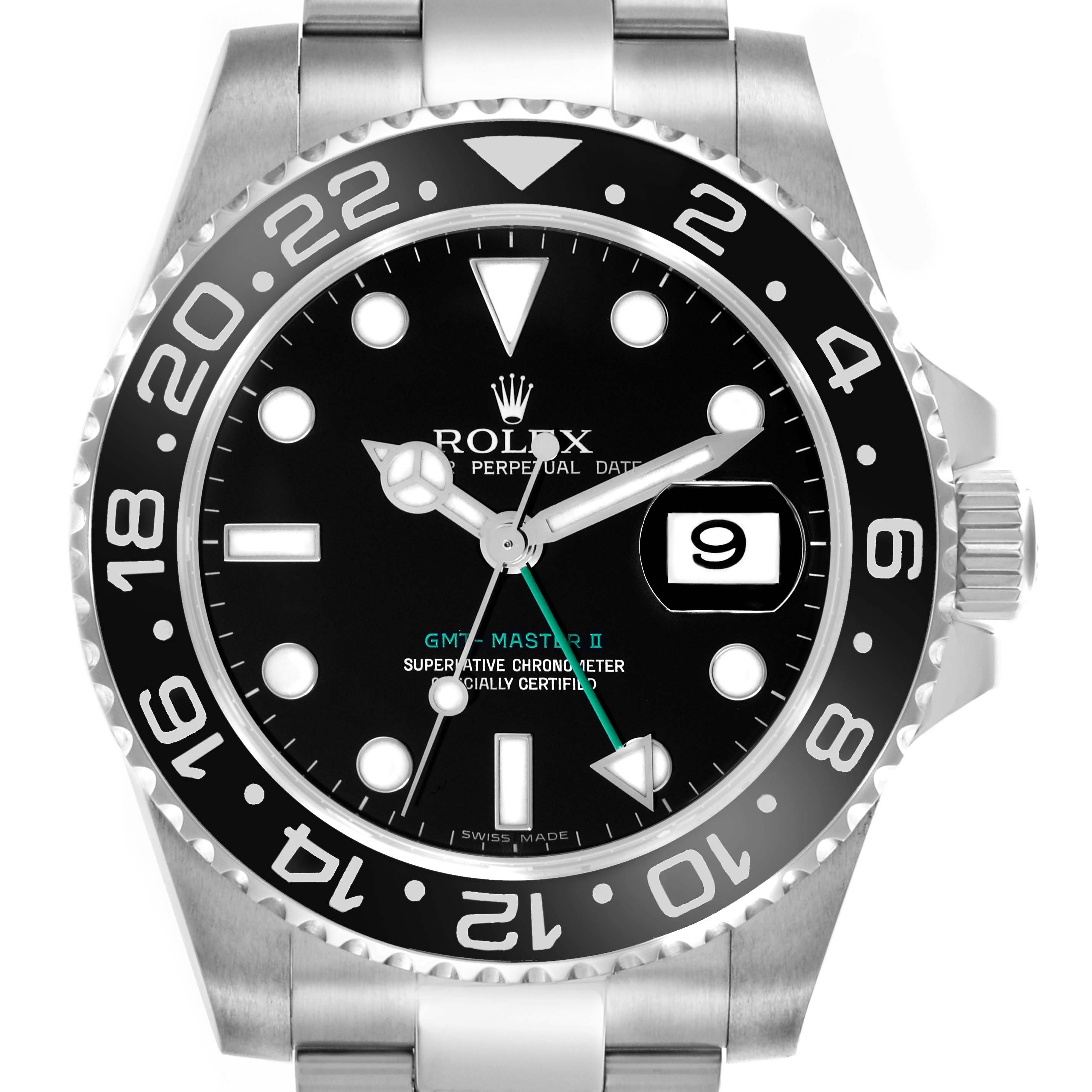 The Rolex GMT-Master 116710LN Men's Stainless Steel Black Dial 116710LN Men's Stainless Steel Black Dial model is shown from a front angle, displaying the dial, bezel, hands, and part of the bracelet.