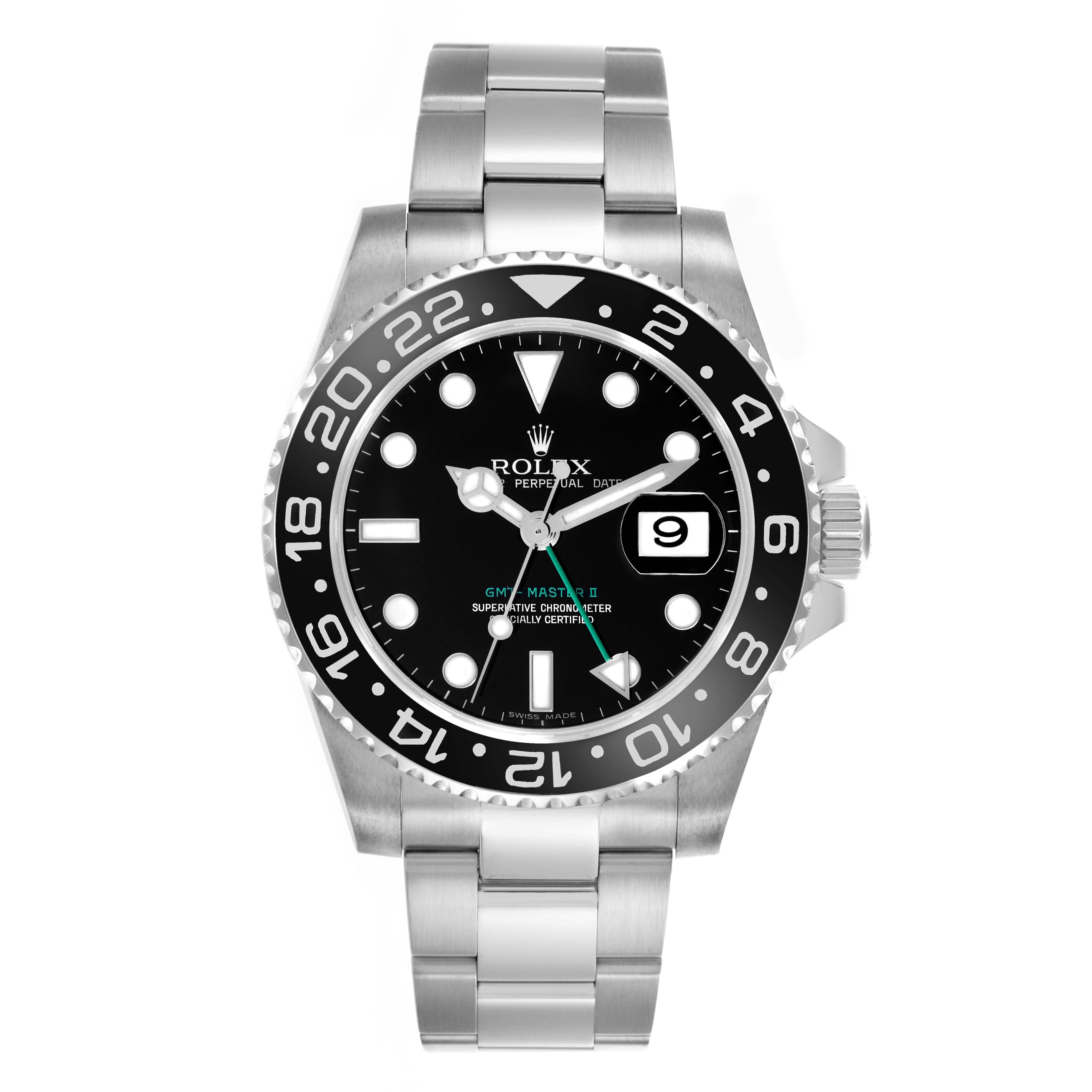 The image shows a front view of the Rolex GMT-Master 116710LN Men's Stainless Steel Black Dial 116710LN Men's Stainless Steel Black Dial II watch, highlighting the dial, bezel, and bracelet.