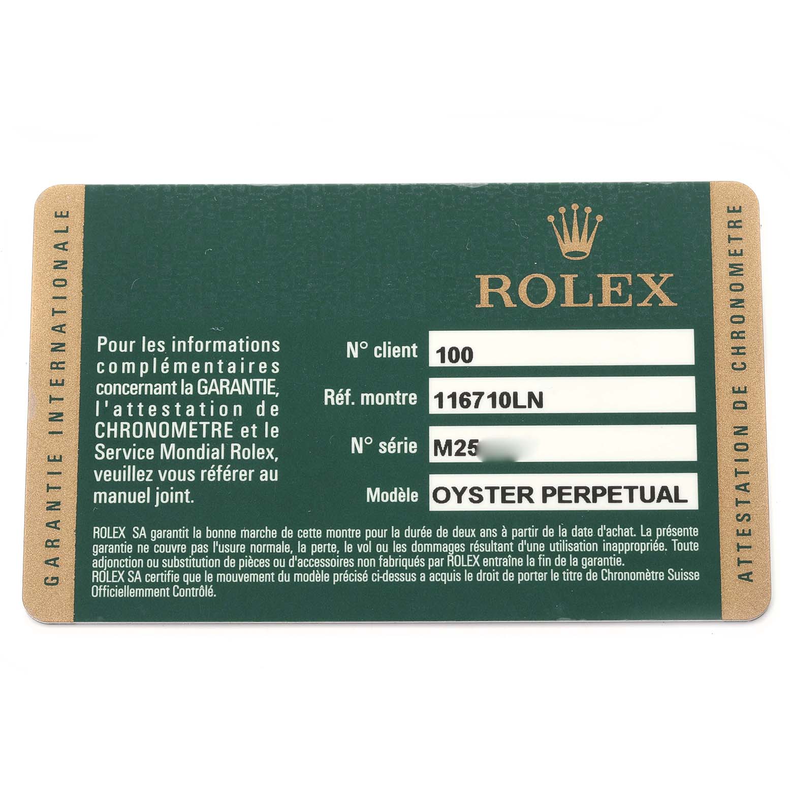The image shows a warranty card for the Rolex GMT-Master 116710LN Men's Stainless Steel Black Dial 116710LN Men's Stainless Steel Black Dial, displaying model, reference, and customer information.
