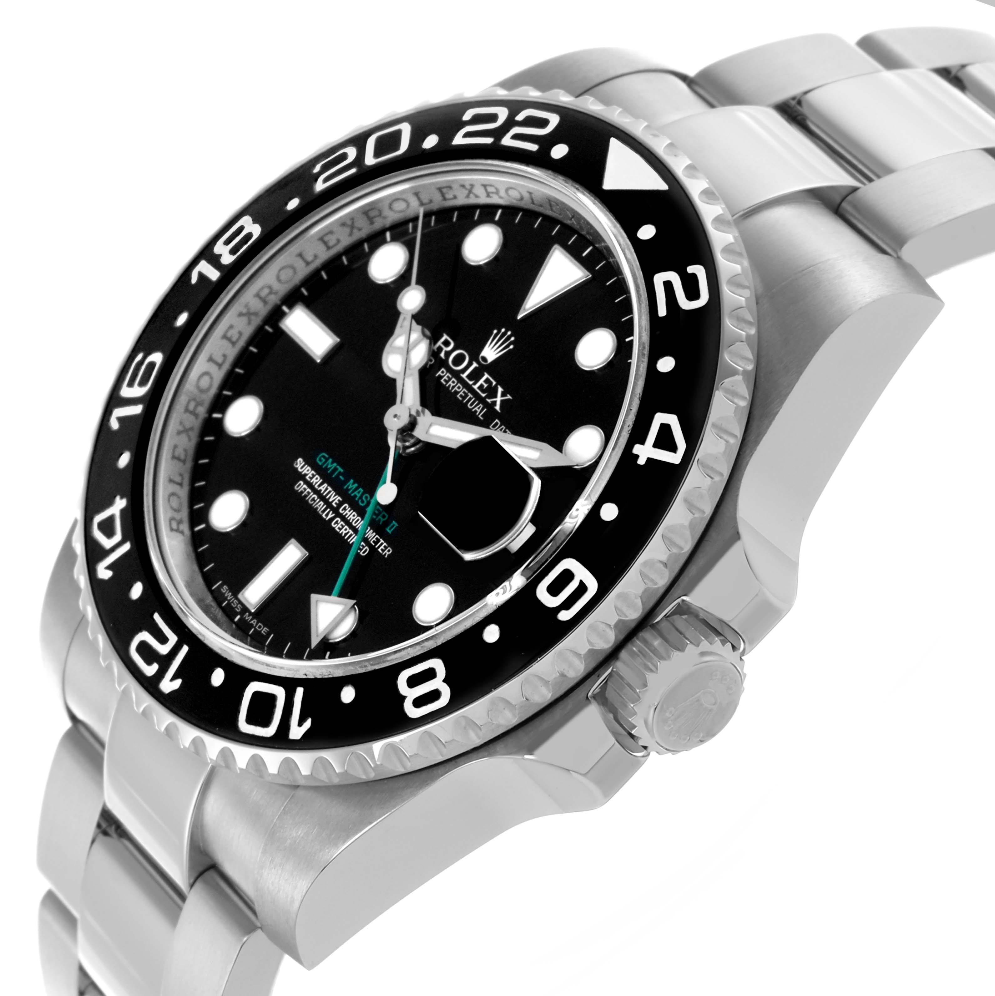 The Rolex GMT-Master 116710LN Men's Stainless Steel Black Dial 116710LN Men's Stainless Steel Black Dial is shown at an angled side view, highlighting the face, bezel, and part of the bracelet.