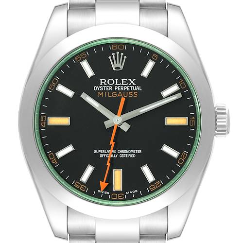 The image shows a frontal view of a Rolex Milgauss 116400GV Men's Stainless Steel Black Dial 116400GV Men's Stainless Steel Black Dial watch, featuring its black dial, orange lightning bolt second hand, and stainless steel bracelet.