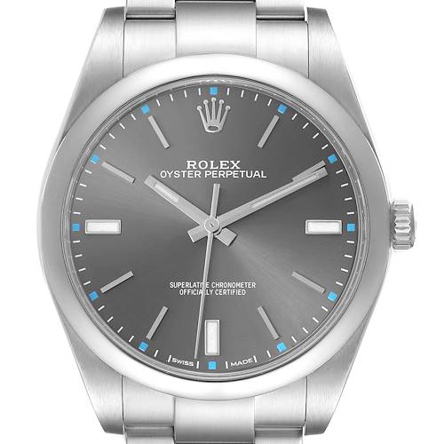 The image shows a frontal view of a Rolex Oyster Perpetual 114300 Men's Stainless Steel Grey Dial 114300 Men's Stainless Steel Grey Dial watch, highlighting its dial, hands, and bracelet top links.
