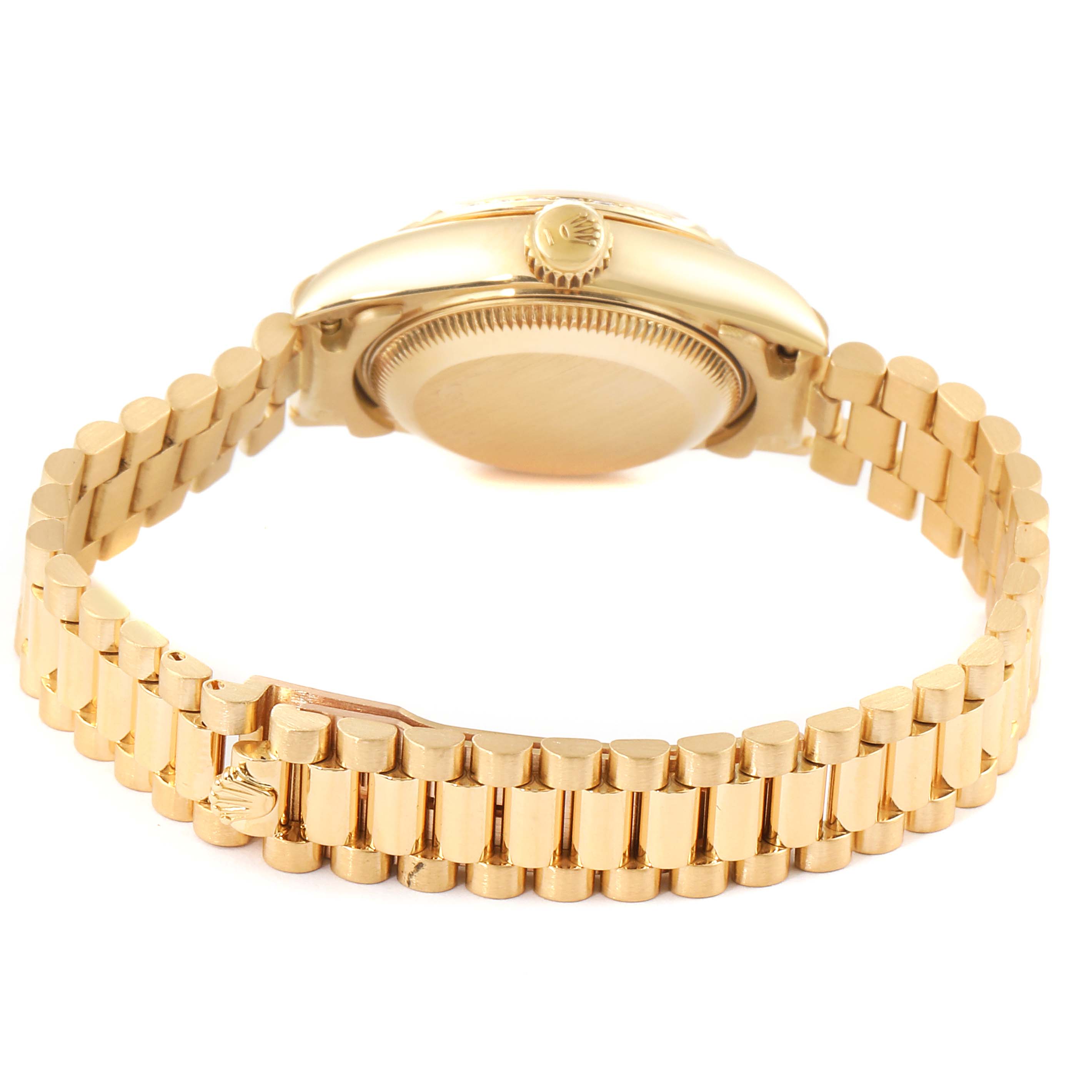 The image shows the side and back view of the Rolex President 69268 Women's Yellow Gold Champagne Dial 69268 Women's Yellow Gold Champagne Dial model watch, highlighting the bracelet and case back.