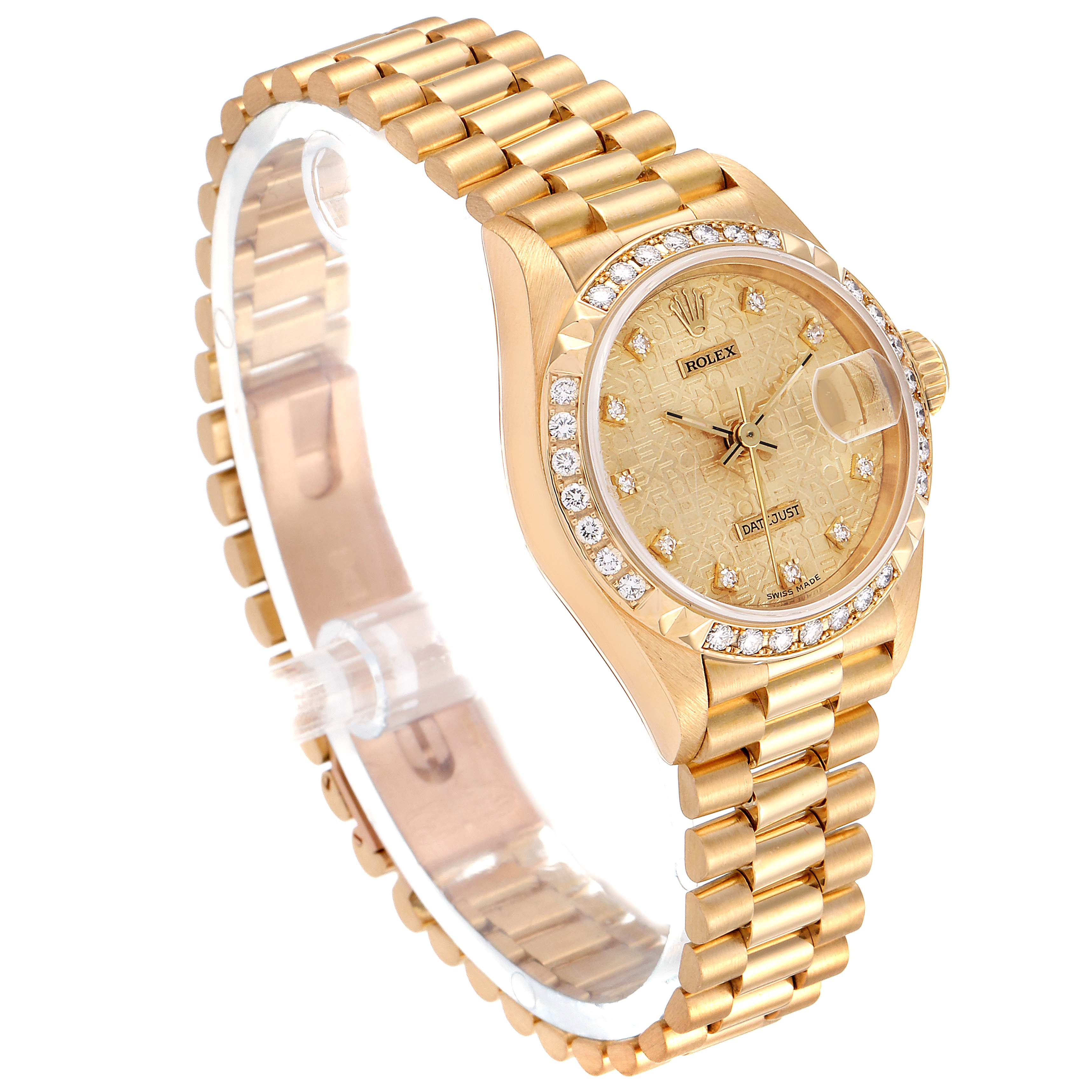 The image shows a Rolex President 69268 Women's Yellow Gold Champagne Dial 69268 Women's Yellow Gold Champagne Dial model watch at an oblique angle, highlighting the gold bracelet, diamond bezel, and textured dial.