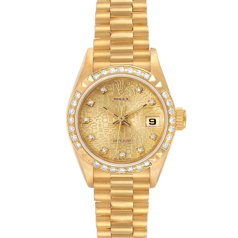 This Rolex President 69268 Women's Yellow Gold Champagne Dial 69268 Women's Yellow Gold Champagne Dial model watch is shown from a straight-on angle, displaying its bracelet, diamond bezel, dial, and date window.