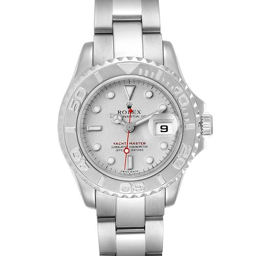 The image shows a front view of a Rolex Yacht-Master 169622 Women's Stainless Steel Silver Dial 169622 Women's Stainless Steel Silver Dial watch, displaying the face, bezel, and bracelet.