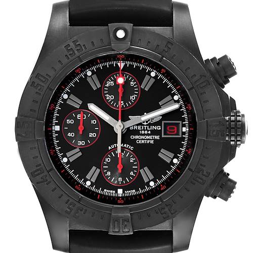 This Breitling Avenger M13380 Men's Stainless Steel Black Dial M13380 Men's Stainless Steel Black Dial watch is shown from a front view, highlighting the dial, bezel, and crown.