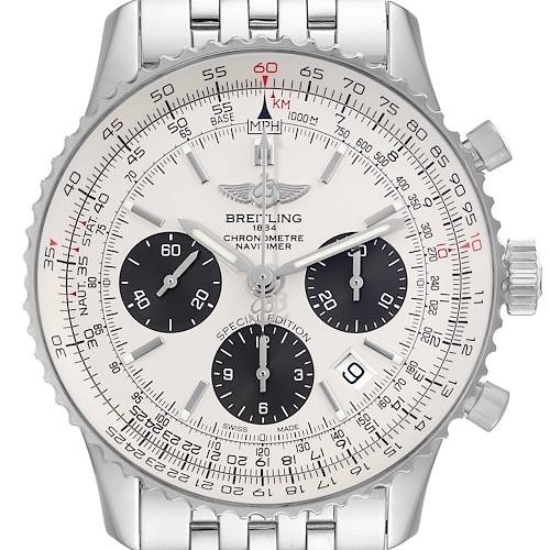 The image shows a front view of a Breitling Navitimer AB012012/G826 Men's Stainless Steel Silver Dial AB012012/G826 Men's Stainless Steel Silver Dial watch, highlighting its dial, subdials, bezel, and crown.