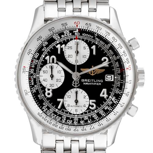 The image shows a front view of a Breitling Navitimer A13322 Men's Stainless Steel Black Dial A13322 Men's Stainless Steel Black Dial watch, displaying its detailed dial and stainless steel bracelet.