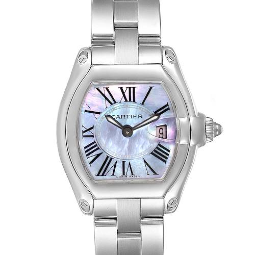 The image shows a front view of the Cartier Roadster W6206007 Women's Stainless Steel Mother of Pearl Dial W6206007 Women's Stainless Steel Mother of Pearl Dial watch, highlighting its face, bracelet, and date window.