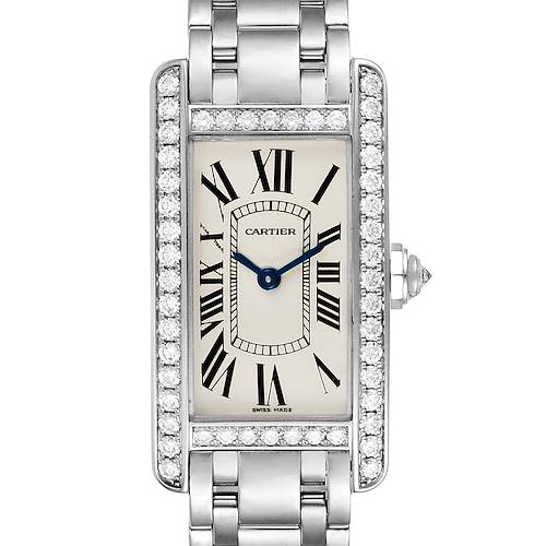 This image shows a front view of the Cartier Tank Américaine watch, highlighting its rectangular face, Roman numerals, and diamond-studded bezel.