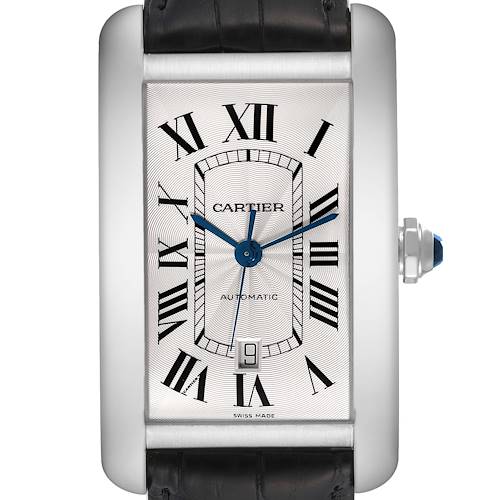 This image shows a frontal view of the Cartier Tank Americaine W2609956 Men's White Gold Silver Dial W2609956 Men's White Gold Silver Dial watch face and part of the strap.
