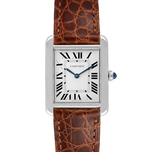 The Cartier Tank Solo W1018255 Women's Stainless Steel Silver Dial W1018255 Women's Stainless Steel Silver Dial watch is shown from a front angle, displaying its face, Roman numerals, hands, and brown leather strap.