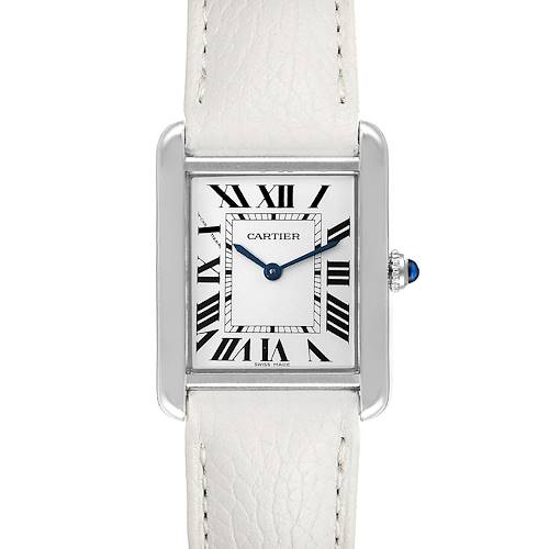 This image shows a Cartier Tank Solo W1018255 Women's Stainless Steel Silver Dial W1018255 Women's Stainless Steel Silver Dial watch from a front view, highlighting its rectangular face, Roman numerals, and white strap.