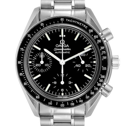 The Omega Speedmaster 3539.50.00 Men's Stainless Steel Black Dial 3539.50.00 Men's Stainless Steel Black Dial watch is shown from a front angle, highlighting its black dial, tachymeter bezel, and stainless steel bracelet.