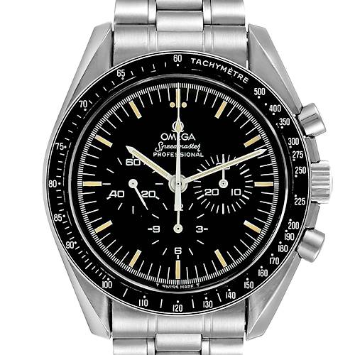 The image shows a front view of an Omega Speedmaster 145.022 Men's Stainless Steel Black Dial 145.022 Men's Stainless Steel Black Dial watch, highlighting the face, tachymeter bezel, and part of the bracelet.