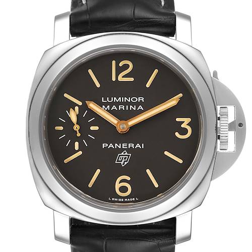 The image shows a frontal view of the Panerai Luminor PAM00632 Men's Stainless Steel Brown Dial PAM00632 Men's Stainless Steel Brown Dial Marina watch, displaying the face, numerals, hands, and part of the strap.