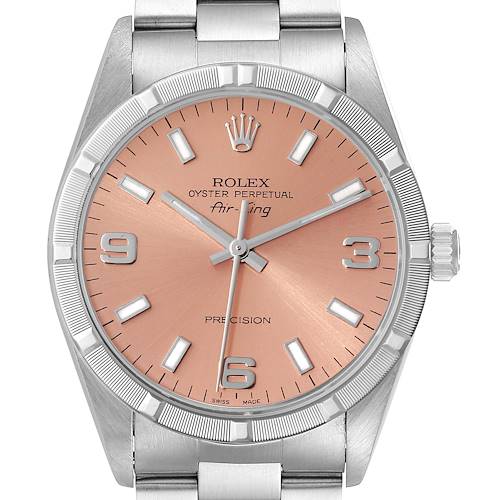 The Rolex Air-King 14010 Men's Stainless Steel Pink Dial 14010 Men's Stainless Steel Pink Dial watch is shown from a front angle, displaying its dial, bezel, crown, and bracelet.