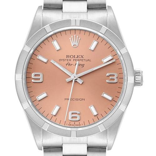 This image shows the front view of a Rolex Air-King 14010 Men's Stainless Steel Pink Dial 14010 Men's Stainless Steel Pink Dial watch model, focusing on the dial, hands, bezel, and bracelet.