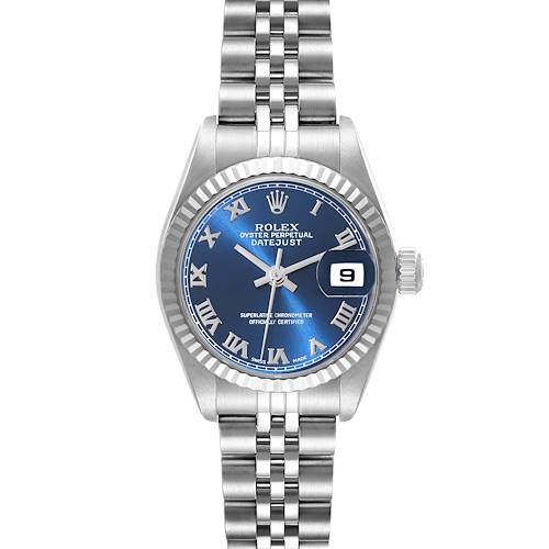 The image shows a Rolex Datejust 79174 Women's Stainless Steel Blue Dial 79174 Women's Stainless Steel Blue Dial watch from the front, featuring its face, bezel, and part of the bracelet.