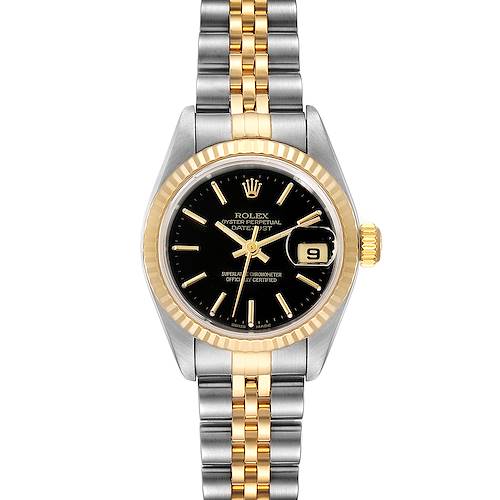 This Rolex Datejust 79173 Women's Steel and Gold (two tone) Black Dial 79173 Women's Steel and Gold (two tone) Black Dial watch is shown from a front view, displaying its face, bezel, crown, and bracelet.