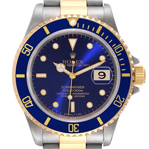 The image shows a front view of the Rolex Submariner 16613 Men's Steel and Gold (two tone) Blue Dial 16613 Men's Steel and Gold (two tone) Blue Dial watch, highlighting its blue dial, date window, bezel, and part of the bracelet.