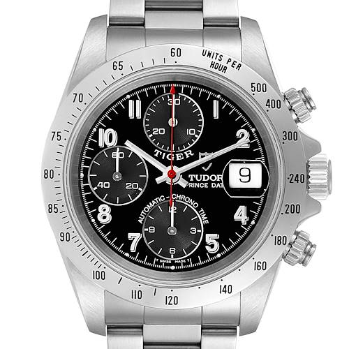 The image shows a frontal view of the Tudor Prince watch, highlighting its dial, bezel, pushers, and crown.