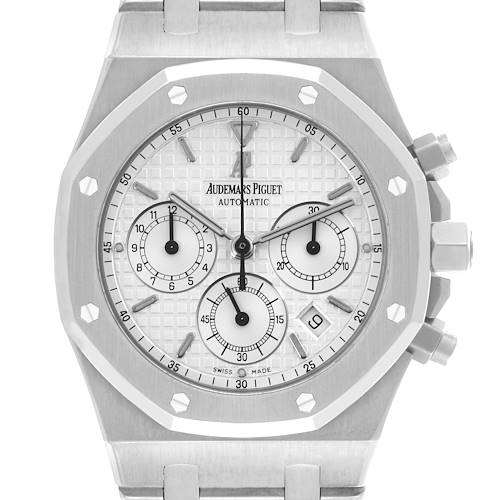 The Audemars Piguet Royal Oak 25860ST.OO.1110ST.05 Men's Stainless Steel White Dial 25860ST.OO.1110ST.05 Men's Stainless Steel White Dial is shown from a top-down angle, highlighting the face, bezel, and side pushers.
