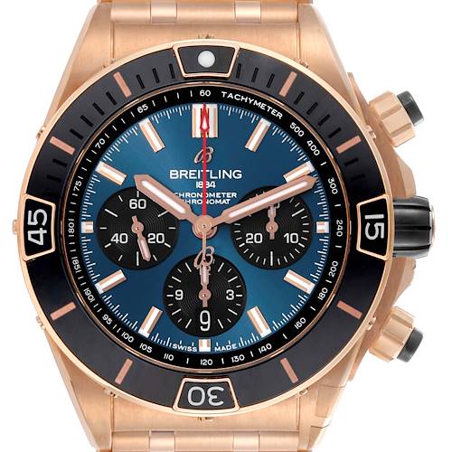 The Breitling Chronomat RB0136 Men's Rose Gold Blue Dial RB0136 Men's Rose Gold Blue Dial watch is shown from a front angle, highlighting its dial, bezel, and chronograph features.