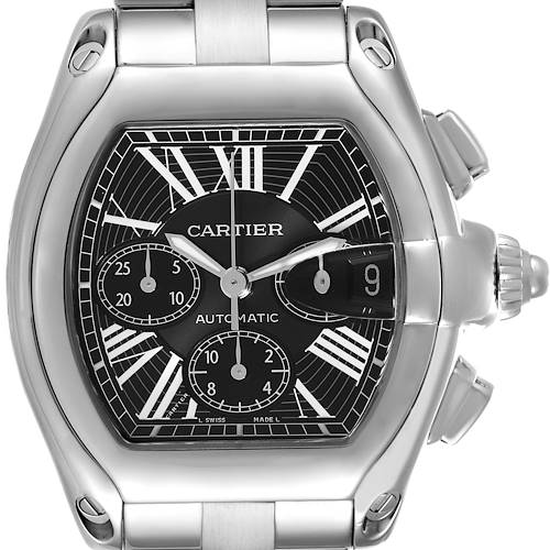 The image shows a frontal view of the Cartier Roadster W62020X6 Men's Stainless Steel Black Dial W62020X6 Men's Stainless Steel Black Dial watch, highlighting its face, date window, and stainless steel bracelet.