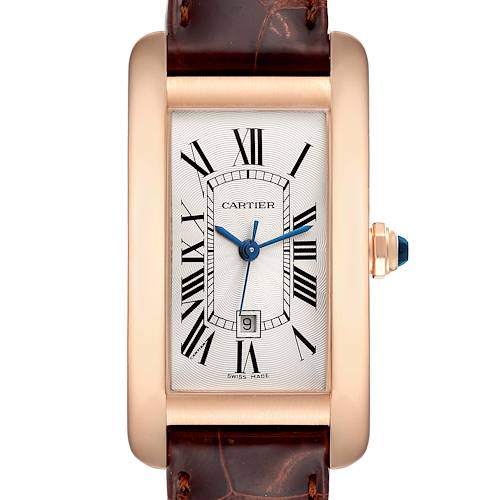 This image shows a Cartier Tank Americaine W2620030 Women's Rose Gold Silver Dial W2620030 Women's Rose Gold Silver Dial watch from a front angle, highlighting its face, strap, and crown.