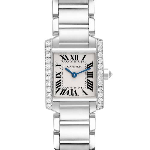 The image shows a frontal view of the Cartier Tank Française watch, highlighting its square face, Roman numerals, and bracelet.
