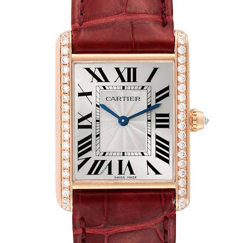 The image shows a frontal view of a Cartier Tank Louis WJTA0014 Women's Rose Gold Silver Dial WJTA0014 Women's Rose Gold Silver Dial watch, highlighting its rectangular dial, Roman numerals, and a leather strap.