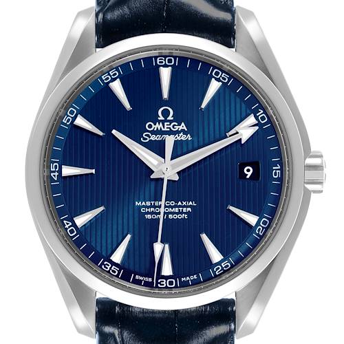 The Omega Aqua Terra 231.13.42.21.03.001 Men's Stainless Steel Blue Dial 231.13.42.21.03.001 Men's Stainless Steel Blue Dial watch is shown from the front, highlighting its blue dial, hour markers, and date window.