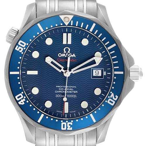 The Omega Seamaster 2220.80.00 Men's Stainless Steel Blue Dial 2220.80.00 Men's Stainless Steel Blue Dial watch is shown from the front, highlighting the blue dial, bezel, and metal bracelet.