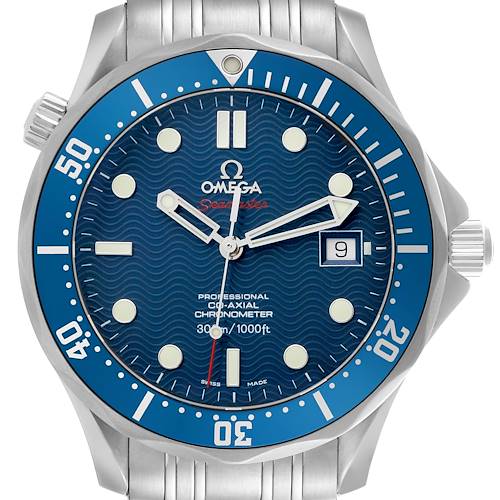 The Omega Seamaster 2220.80.00 Men's Stainless Steel Blue Dial 2220.80.00 Men's Stainless Steel Blue Dial watch is shown from the front, displaying its dial, bezel, hands, and part of the bracelet.