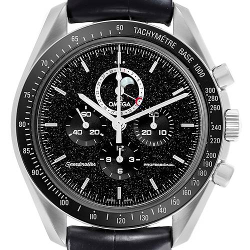 The Omega Speedmaster 311.33.44.32.01.001 Men's Stainless Steel Black Dial 311.33.44.32.01.001 Men's Stainless Steel Black Dial is shown from a front angle, highlighting the dial, subdials, tachymeter bezel, and push-buttons.