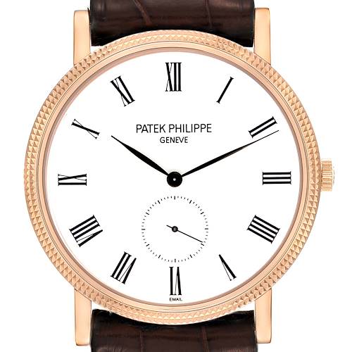 The image shows a frontal view of the Patek Philippe Calatrava 5116R-001 Men's Rose Gold White Dial 5116R-001 Men's Rose Gold White Dial watch, highlighting the dial, Roman numerals, and leather strap.