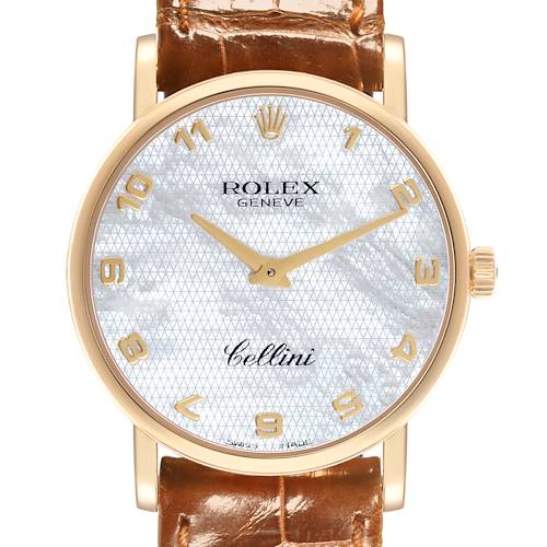 The Rolex Cellini 5115 Men's Yellow Gold Mother of Pearl Dial 5115 Men's Yellow Gold Mother of Pearl Dial watch is shown from the front, highlighting its dial, bezel, crown, and brown leather strap.